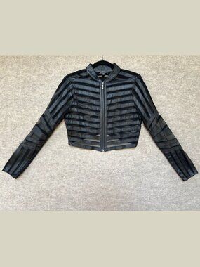 Bebe Vintage Cropped Black Leather and Mesh Jacket with Zipper, Size M